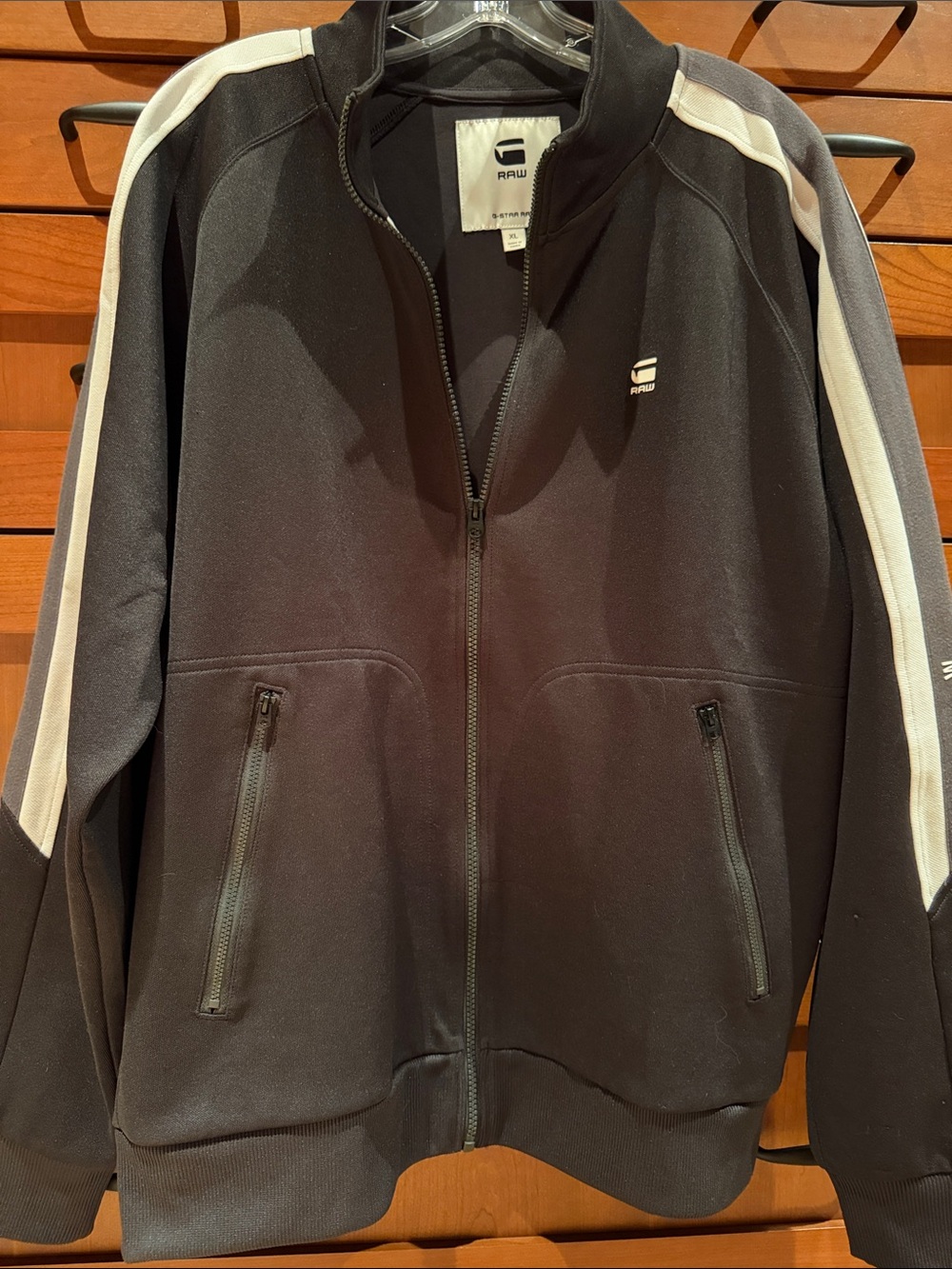 G-Star Raw Zip-Up Jacket, Olive Green with Ivory Arm Stripe Accents XL EUC